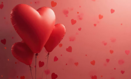 Balloons in the shape of red heart float in the air on a simple red background on a string. Symbol of love and romanceの素材