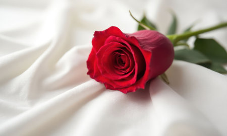 Red rose on a white fabric or cloth background. Concept of love and romanceの素材