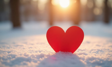 Paper red heart in the snow, copy spaceの素材