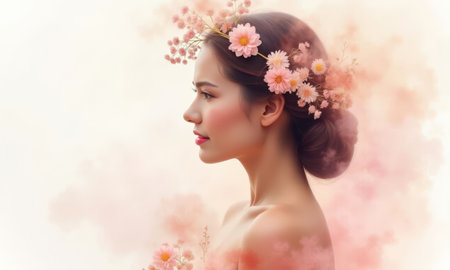 Woman wearing a flower wreath on her head on a pastel background. Scene is soft, gentle and feminineの素材