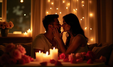 Man and woman are sitting at a table with candles and flowers. They kiss each other and smile. Scene is romantic and intimateの素材