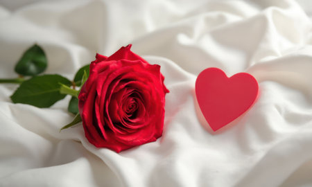 Heart and a rose on a white fabric or cloth background. Concept of love and romanceの素材