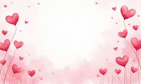 Festive pastel background with a scattering of red hearts of different sizes and arranged in different positionsの素材