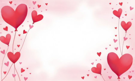 Festive pastel background with a scattering of red hearts of different sizes and arranged in different positionsの素材
