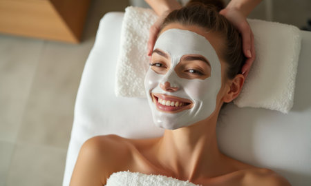 White mask is applied to a womans face. She is smiling and enjoying what is happeningの素材