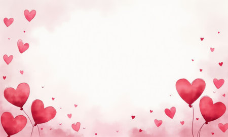 Festive pastel background with a scattering of red hearts of different sizes and arranged in different positionsの素材
