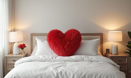 Red heart shaped pillow lies on the bed in a cozy bedroom. The pillow is soft and fluffyの素材