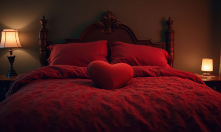 Red heart shaped pillow lies on the bed in a cozy bedroom. The pillow is soft and fluffyの素材