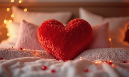 Red heart shaped pillow lies on the bed in a cozy bedroom. The pillow is soft and fluffyの素材