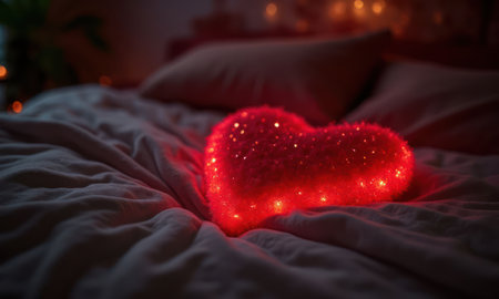 Red heart shaped glow pillow lies on the bed in a cozy bedroom. The pillow is soft and fluffyの素材