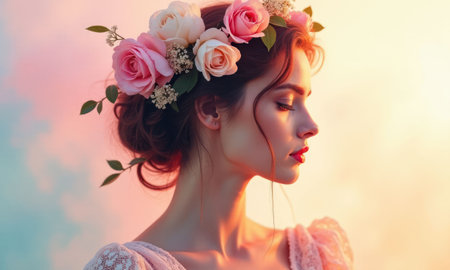 Woman wearing a flower wreath on her head on a pastel background. Scene is soft, gentle and feminineの素材