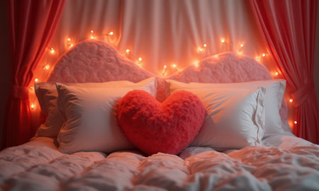 Red heart shaped pillow lies on the bed in a cozy bedroom. The pillow is soft and fluffyの素材