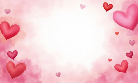 Festive pastel background with a scattering of red hearts of different sizes and arranged in different positionsの素材