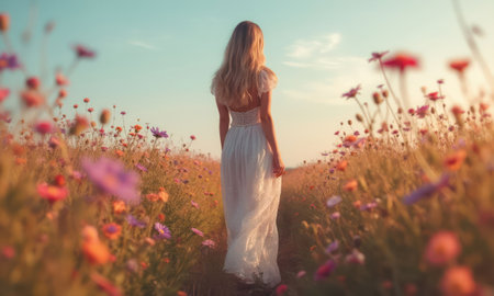 Woman stands to a field of flowers in a light transparent summer dress. Concept of tranquility, serenity, and romanceの素材