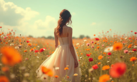 Woman stands to a field of flowers in a light transparent summer dress. Concept of tranquility, serenity, and romanceの素材