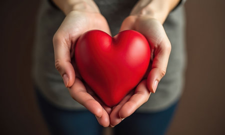 Woman holds a red heart in her hands. Feeling of warmth and loveの素材