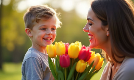 Boy holds a bouquet of tulips flowers for his mother. Mom smiles, and the boy laughs. Concept of womens day or holidayの素材