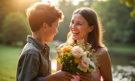 Boy holds a bouquet of tulips flowers for his mother. Mom smiles, and the boy laughs. Concept of womens day or holidayの素材