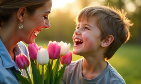 Boy holds a bouquet of tulips flowers for his mother. Mom smiles, and the boy laughs. Concept of womens day or holidayの素材