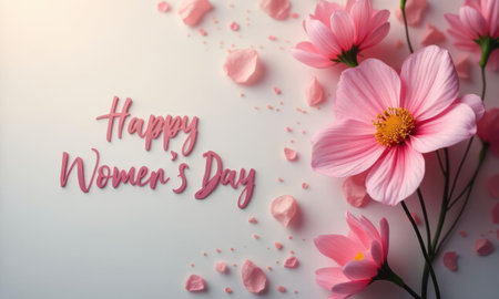 Bouquet of flowers is placed on a background with an inscription Happy Womens Dayの素材