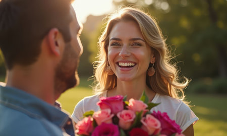 Man holds bouquet of tulips flowers for a pretty smiling woman. Concept of womens day or holidayの素材