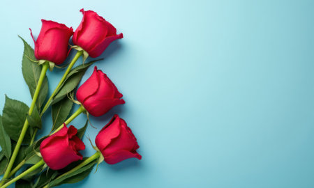 Bouquet of red roses is placed on a blue background, copy spaceの素材