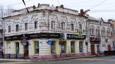 Astrakhan, Russia, January 7, 2021. Old buildings of the city. Admiralteyskaya street.のeditorial素材