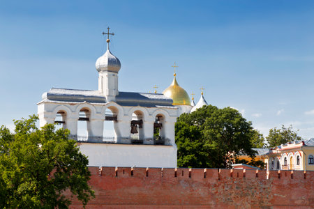 The belfry of St. Sophia Cathedral in the Kremlin, Veliky Novgorod, Russiaのeditorial素材