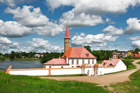 Priory Palace on a summer day on the shore of the Black lake, Gatchina, St. Petersburg, Russiaのeditorial素材