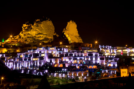 view of ancient town and  Uchisar castle at night ,Cappadocia, Turkeyのeditorial素材