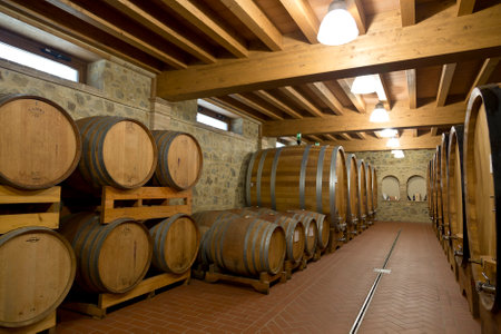 MONTALCINO, ITALY - MAY 13.2014: Wine barrels stacked in the old cellar of the wineryのeditorial素材