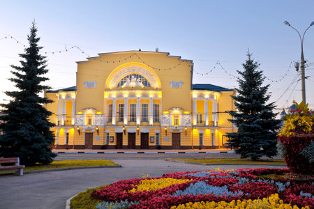 The theatre of a name of Volkova in Yaroslavl late in the evening, Golden ring, Russiaのeditorial素材