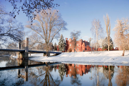 View of the Kholmskie gate of the Brest fortress from the opposite bank of the river Mukhavets, Brest, Belarus. Soviet World War II war monument commemorating the Soviet resistance against the German invasion on June 22, 1941のeditorial素材