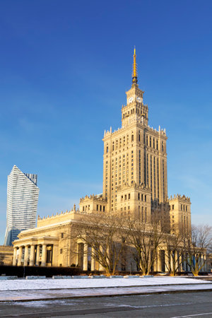 Warsaw most famous landmark - Palace of Culture and Science in city center, Polandのeditorial素材