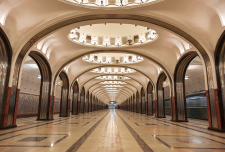 MOSCOW, RUSSIA - FEBRUARY 16, 2014: Interior of the Moscow metro station "Mayakovskaya"のeditorial素材