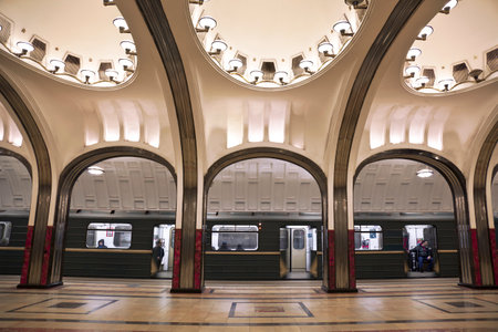 MOSCOW, RUSSIA - FEBRUARY 16, 2014: Interior of the Moscow metro station "Mayakovskaya"のeditorial素材