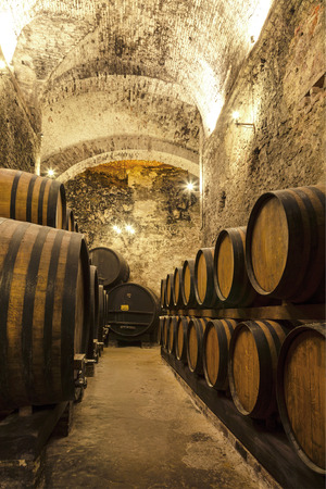 Wine barrels stacked in the old cellar of the wineryの写真素材