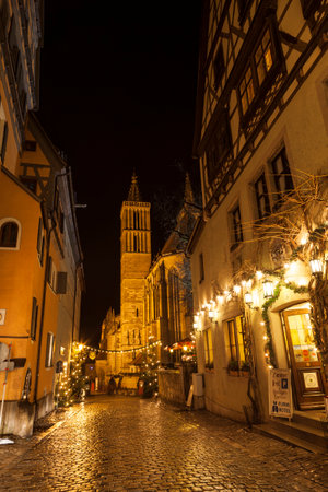 ROTHENBURG OB DER TAUBER, GERMANY - DECEMBER 22, 2012: Street View of Rothenburg ob der Tauber at the evening. It is well known medieval old town, a destination for tourists from around the world.のeditorial素材