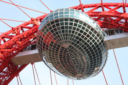 MOSCOW, RUSSIA - JANUARY 18, 2000: Red bridge over the Moskva river, observation deck on cable stayed bridge, Moscow, Russiaのeditorial素材