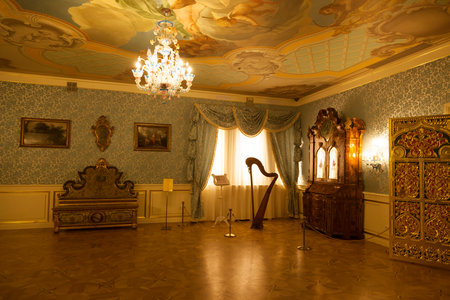 MOSCOW, RUSSIA - FEBRUARY 21, 2012: Interior of the wooden palace of Tsar Alexei Mikhailovich in Kolomenskoye. The room of Empress Elizabeth Petrovnaのeditorial素材
