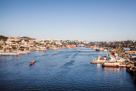 VLADIVOSTOK, RUSSIA - SEPTEMBER 16, 2013: Panorama of the Golden horn. Vladivostok, Russiaのeditorial素材