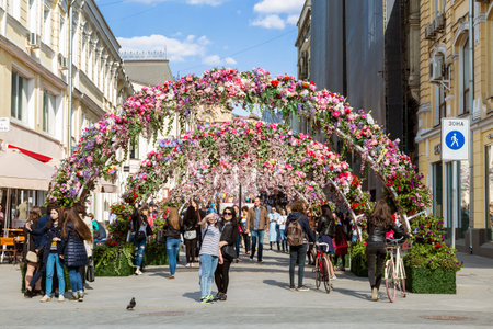 MOSCOW, RUSSIA - APRIL 30, 2016: the decoration of the Chamberlain lane in Moscow during the festival "Moscow spring", Russiaのeditorial素材