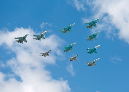 MOSCOW - MAY 7: Jet fighters make show at last rehearsal of the parade dedicated to 70th anniversary of the victory in the Second World War in Red Square on May 7, 2015 in Moscowのeditorial素材