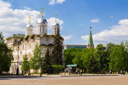 View of the Patriarchal Palace , the Church of the Twelve Apostles and Tsar cannon from the Ivanovo square, Moscow Kremlin, Russiaのeditorial素材