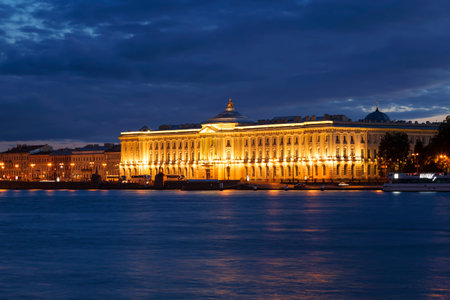 ST. PETERSBURG, RUSSIA - JULY 06, 2015: Night view of St Petersburg. Building of Academy of Arts.のeditorial素材