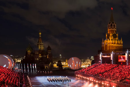 The performances of military bands at the festival "Spasskaya tower" in Moscow, Russiaのeditorial素材