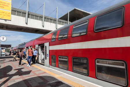 ASHDOD, ISRAEL - NOVEMBER 08, 2016: Double-Decker train at one of the railway stations of Israelのeditorial素材