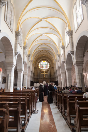 BETHLEHEM, PALESTINE - OCTOBER 27, 2016: Interior of Church of St. Catherine in Bethlehem. It was first recorded in the 15th century, is part of the Church of Nativity complexのeditorial素材