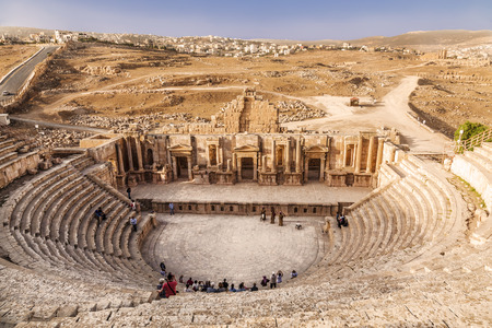 Large South Theatre in antique town Jerash, Jordanの写真素材