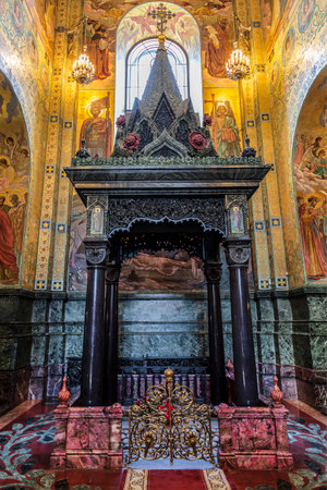 Petersburg. Interior of the Savior on spilled Blood. The canopy over the assassination site of Tsar Alexander IIのeditorial素材